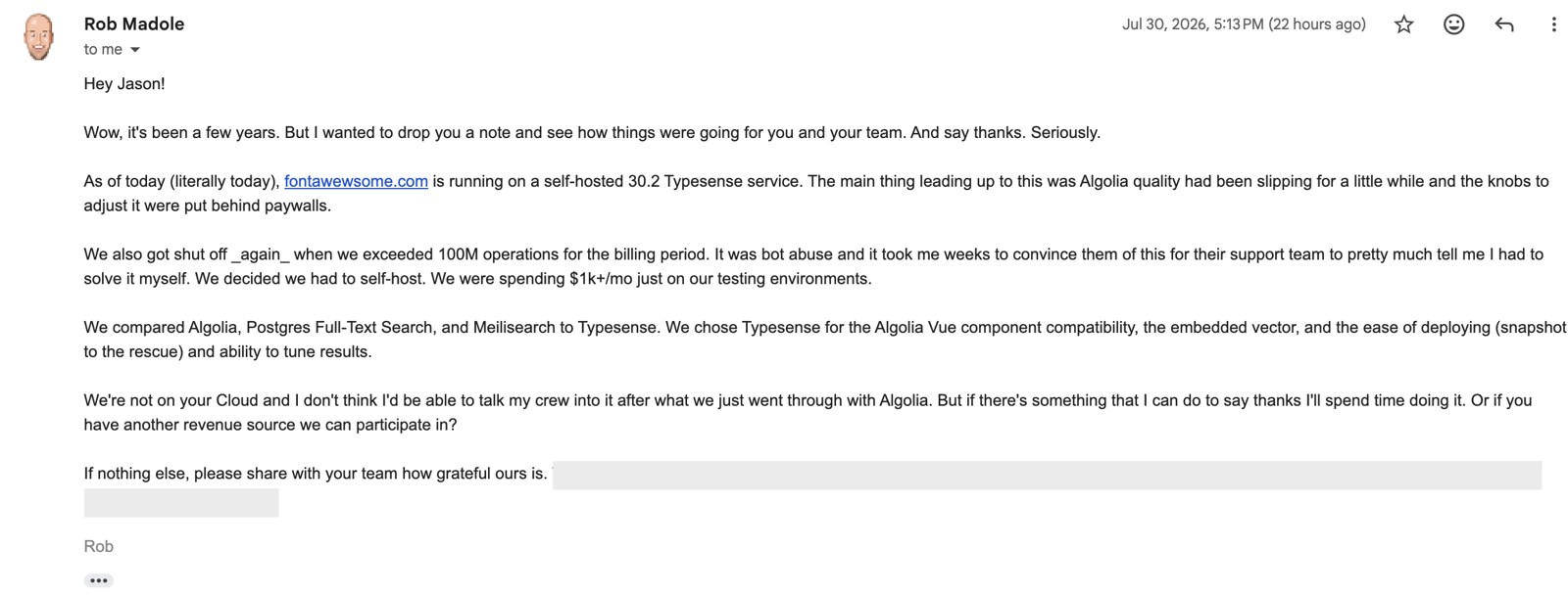 Email from Rob Madole at Font Awesome about moving fontawesome.com to a self-hosted Typesense service